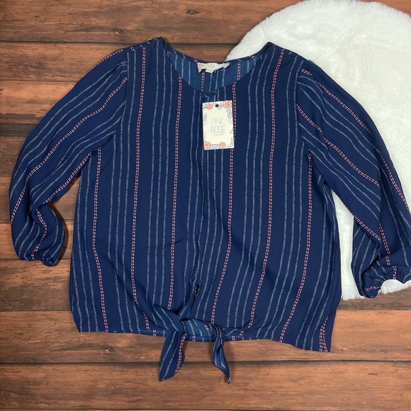 PINK ROSE Striped Navy Tie Knot Scoop Neck Blouse Top Womens Small NWT‎ - Picture 1 of 9